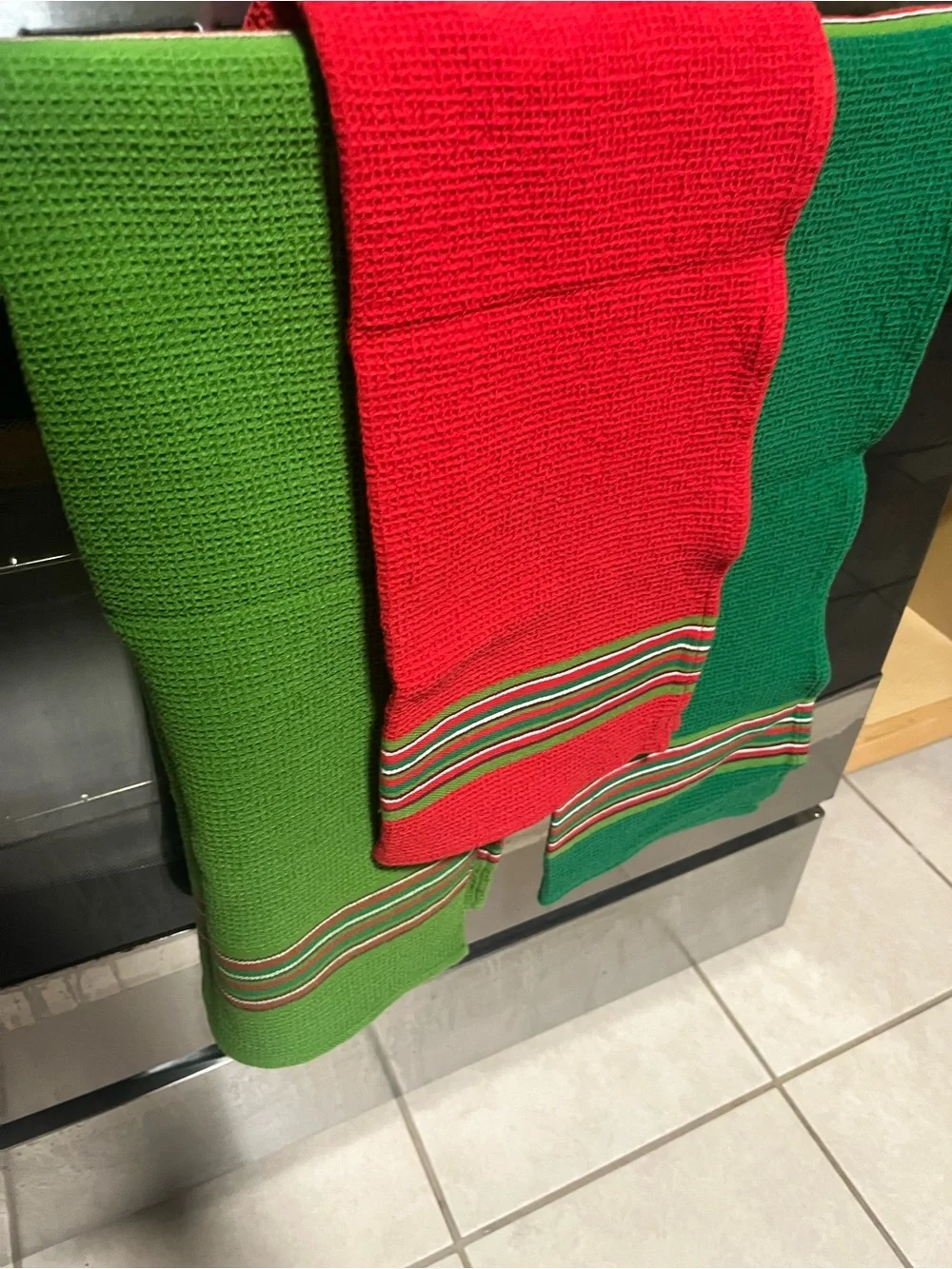 Bed Bath & Beyond Green Waffle-Weave Towel with Red and White Stripe Accents